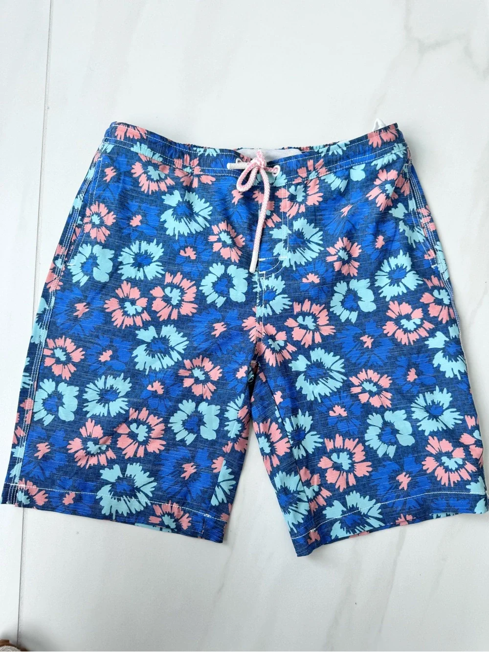 Boys Floral Drawstring Swim Trunks - Blue/Pink